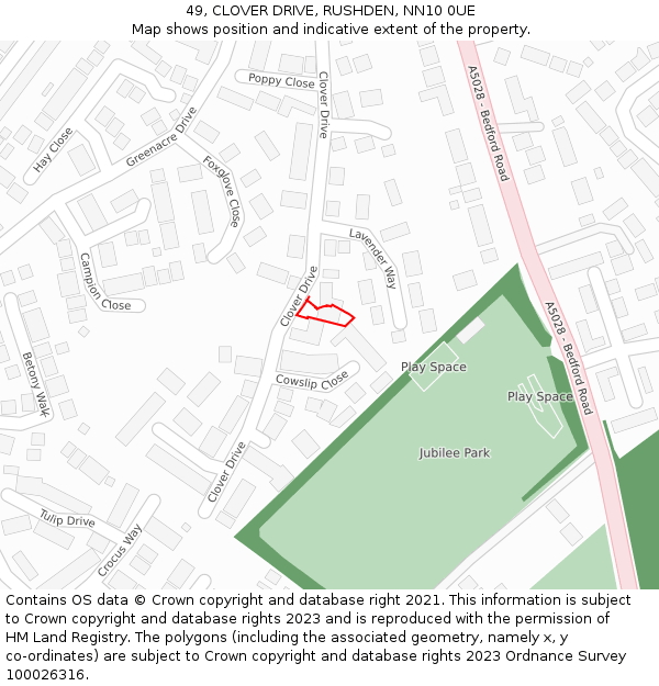 49, CLOVER DRIVE, RUSHDEN, NN10 0UE: Location map and indicative extent of plot