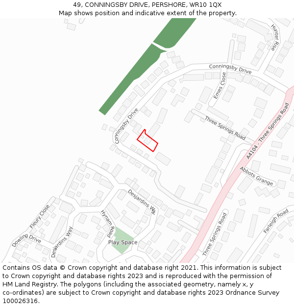 49, CONNINGSBY DRIVE, PERSHORE, WR10 1QX: Location map and indicative extent of plot