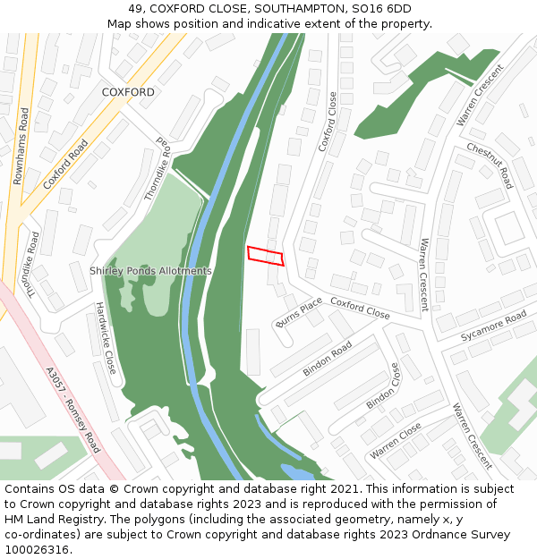 49, COXFORD CLOSE, SOUTHAMPTON, SO16 6DD: Location map and indicative extent of plot