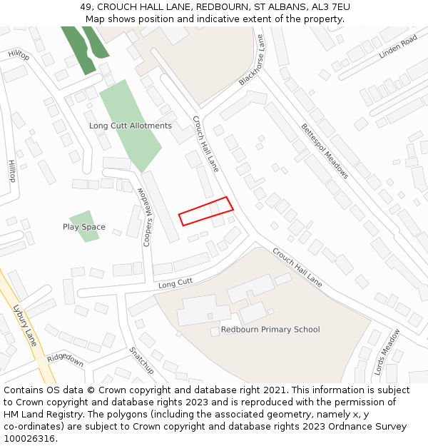 49, CROUCH HALL LANE, REDBOURN, ST ALBANS, AL3 7EU: Location map and indicative extent of plot