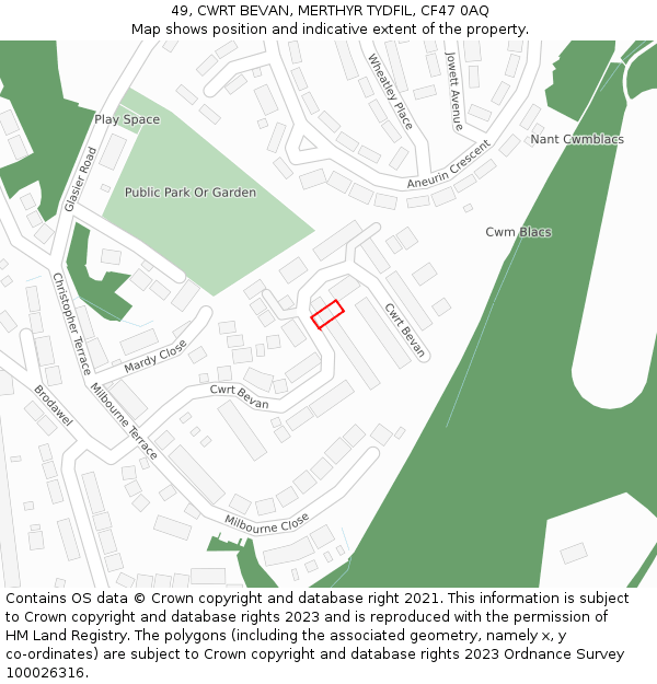 49, CWRT BEVAN, MERTHYR TYDFIL, CF47 0AQ: Location map and indicative extent of plot