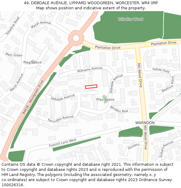49, DEBDALE AVENUE, LYPPARD WOODGREEN, WORCESTER, WR4 0RP: Location map and indicative extent of plot