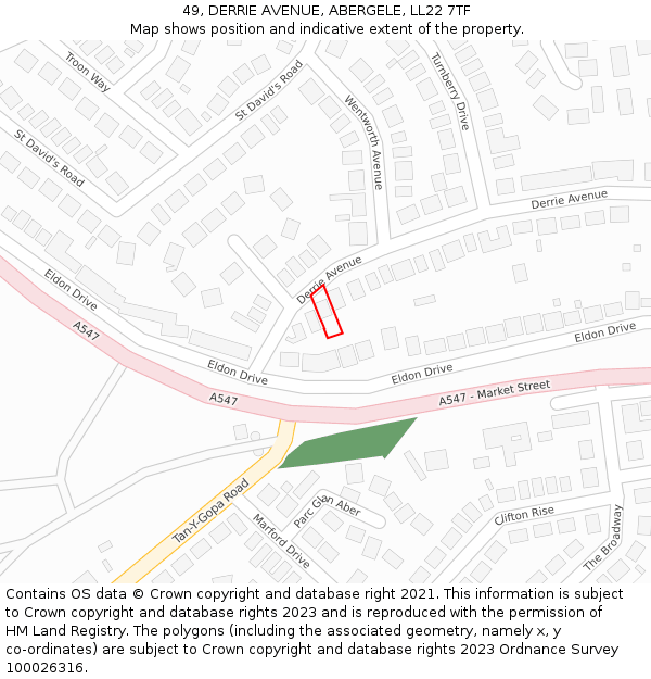 49, DERRIE AVENUE, ABERGELE, LL22 7TF: Location map and indicative extent of plot