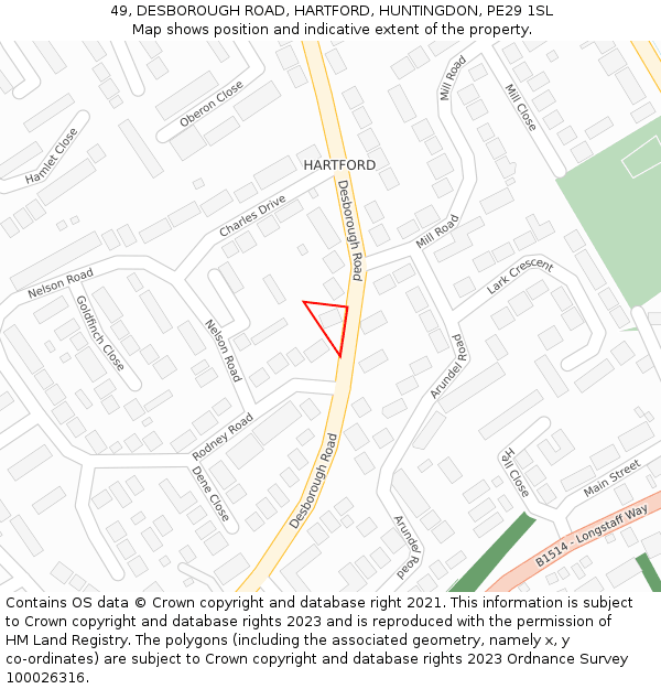 49, DESBOROUGH ROAD, HARTFORD, HUNTINGDON, PE29 1SL: Location map and indicative extent of plot