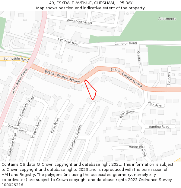 49, ESKDALE AVENUE, CHESHAM, HP5 3AY: Location map and indicative extent of plot