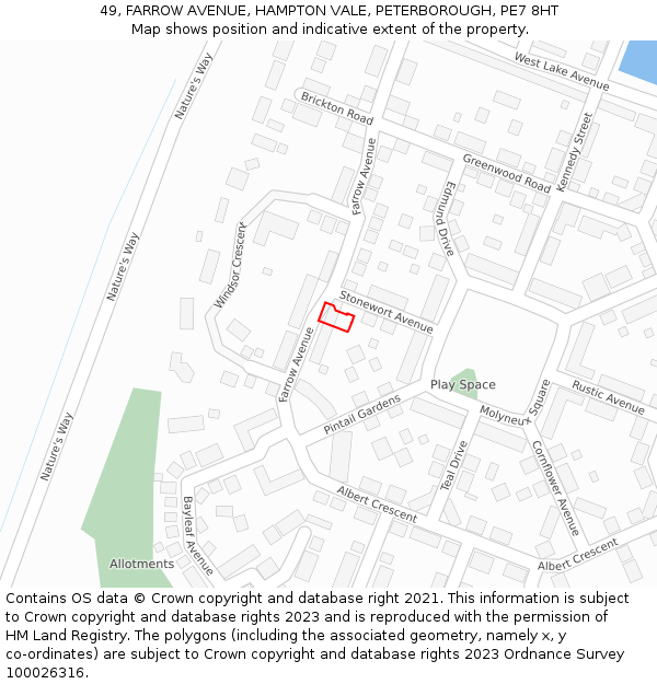 49, FARROW AVENUE, HAMPTON VALE, PETERBOROUGH, PE7 8HT: Location map and indicative extent of plot