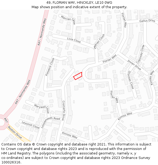 49, FLORIAN WAY, HINCKLEY, LE10 0WG: Location map and indicative extent of plot