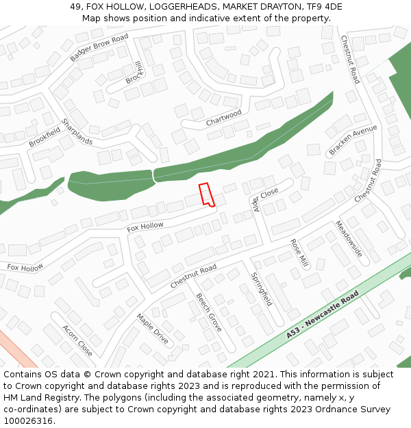 49, FOX HOLLOW, LOGGERHEADS, MARKET DRAYTON, TF9 4DE: Location map and indicative extent of plot
