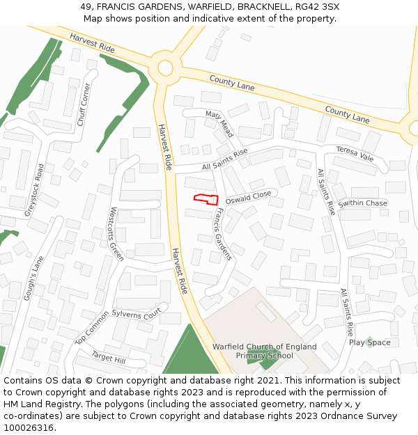 49, FRANCIS GARDENS, WARFIELD, BRACKNELL, RG42 3SX: Location map and indicative extent of plot