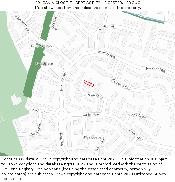 49, GAVIN CLOSE, THORPE ASTLEY, LEICESTER, LE3 3UG: Location map and indicative extent of plot