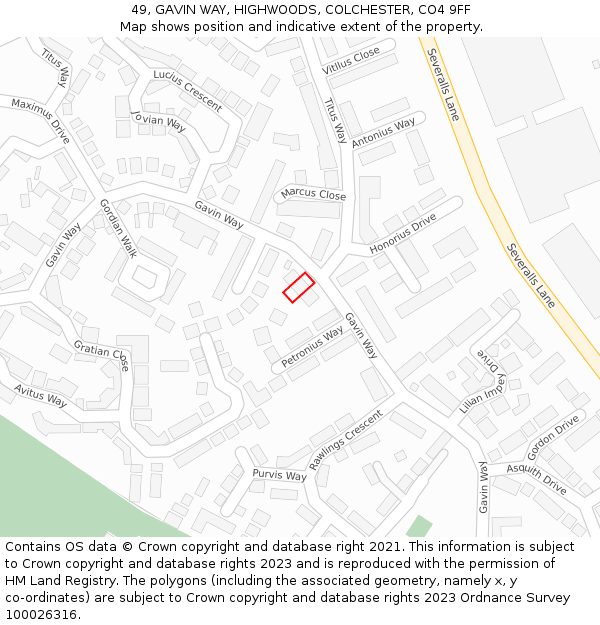 49, GAVIN WAY, HIGHWOODS, COLCHESTER, CO4 9FF: Location map and indicative extent of plot