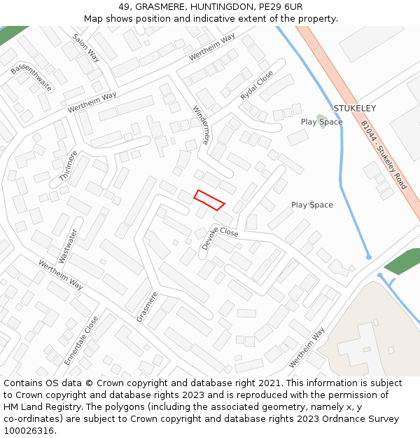 49, GRASMERE, HUNTINGDON, PE29 6UR: Location map and indicative extent of plot