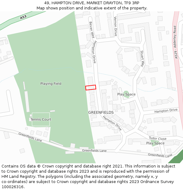 49, HAMPTON DRIVE, MARKET DRAYTON, TF9 3RP: Location map and indicative extent of plot