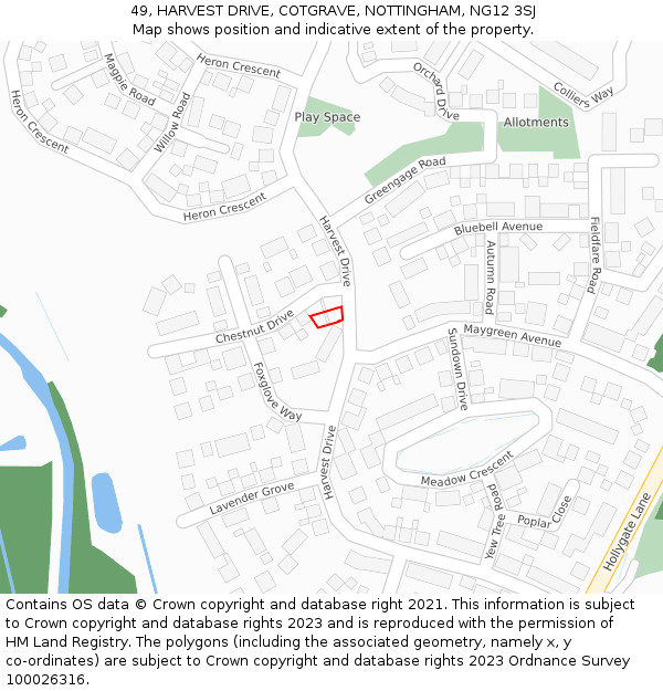 49, HARVEST DRIVE, COTGRAVE, NOTTINGHAM, NG12 3SJ: Location map and indicative extent of plot