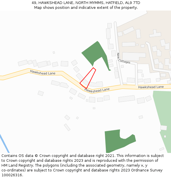 49, HAWKSHEAD LANE, NORTH MYMMS, HATFIELD, AL9 7TD: Location map and indicative extent of plot