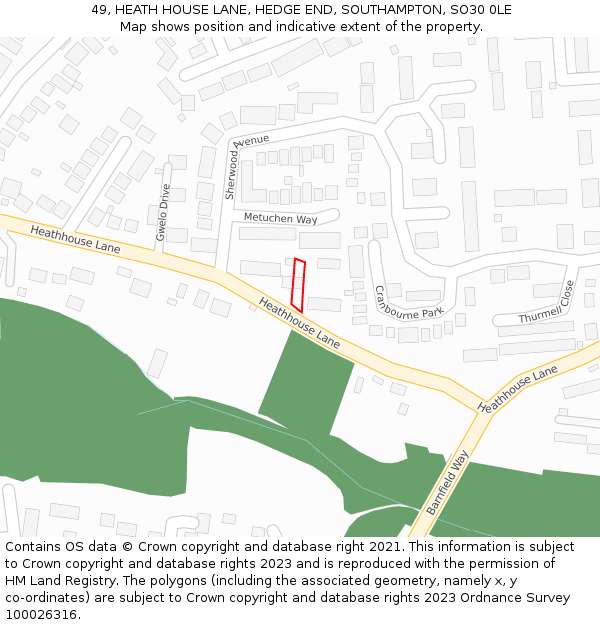 49, HEATH HOUSE LANE, HEDGE END, SOUTHAMPTON, SO30 0LE: Location map and indicative extent of plot