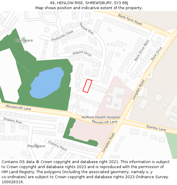 49, HENLOW RISE, SHREWSBURY, SY3 6BJ: Location map and indicative extent of plot