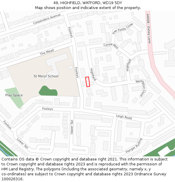 49, HIGHFIELD, WATFORD, WD19 5DY: Location map and indicative extent of plot