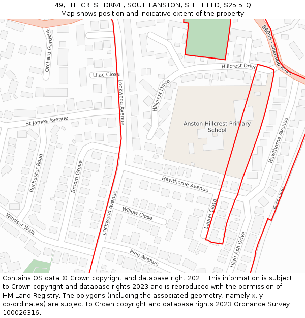 49, HILLCREST DRIVE, SOUTH ANSTON, SHEFFIELD, S25 5FQ: Location map and indicative extent of plot