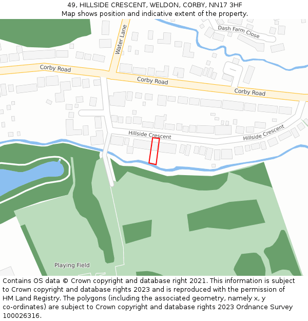 49, HILLSIDE CRESCENT, WELDON, CORBY, NN17 3HF: Location map and indicative extent of plot