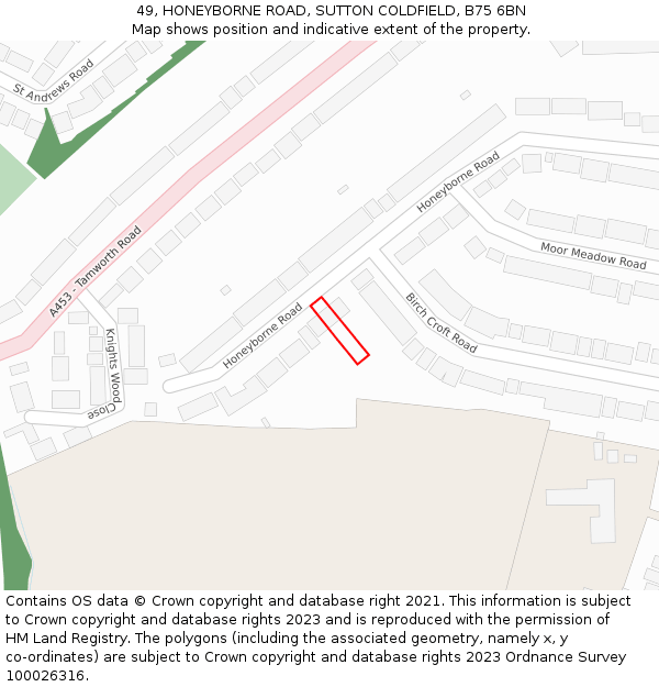49, HONEYBORNE ROAD, SUTTON COLDFIELD, B75 6BN: Location map and indicative extent of plot