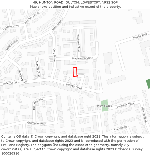 49, HUNTON ROAD, OULTON, LOWESTOFT, NR32 3QP: Location map and indicative extent of plot
