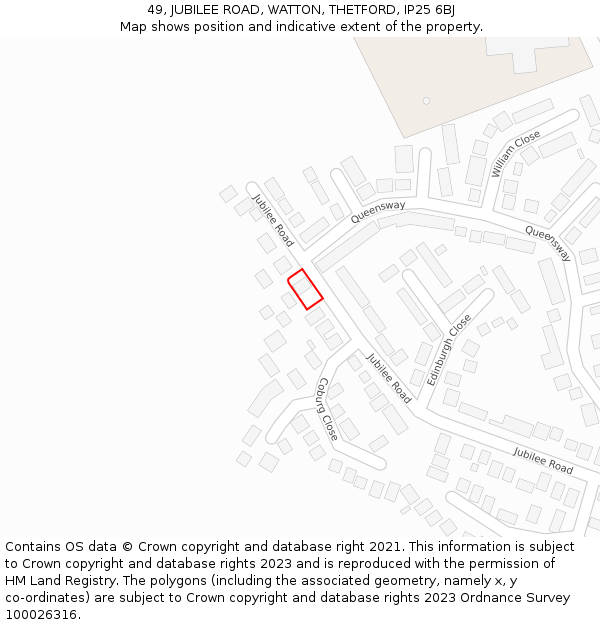 49, JUBILEE ROAD, WATTON, THETFORD, IP25 6BJ: Location map and indicative extent of plot