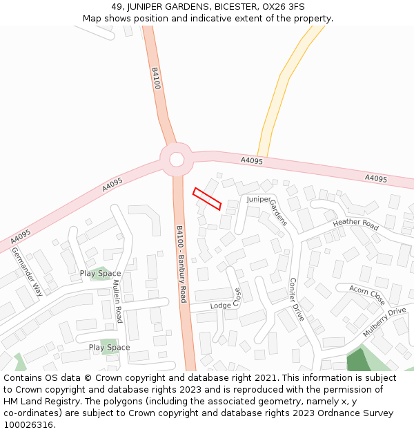 49, JUNIPER GARDENS, BICESTER, OX26 3FS: Location map and indicative extent of plot