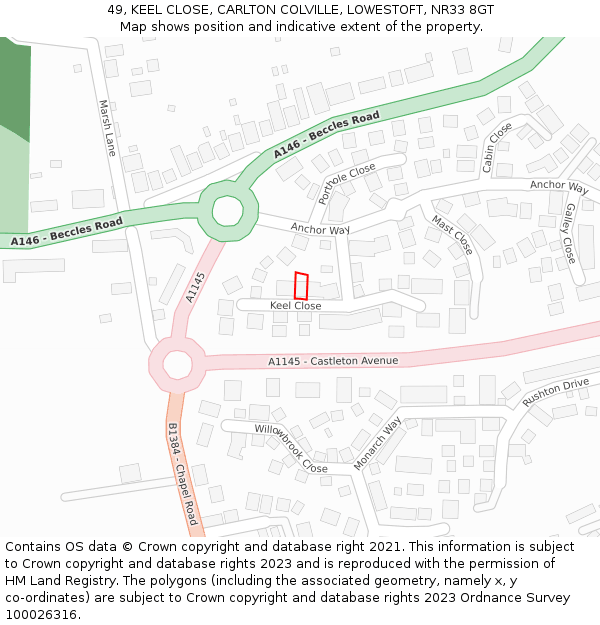 49, KEEL CLOSE, CARLTON COLVILLE, LOWESTOFT, NR33 8GT: Location map and indicative extent of plot