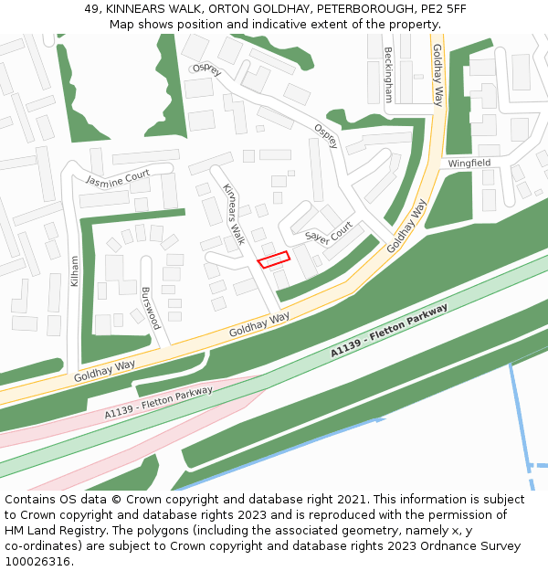 49, KINNEARS WALK, ORTON GOLDHAY, PETERBOROUGH, PE2 5FF: Location map and indicative extent of plot