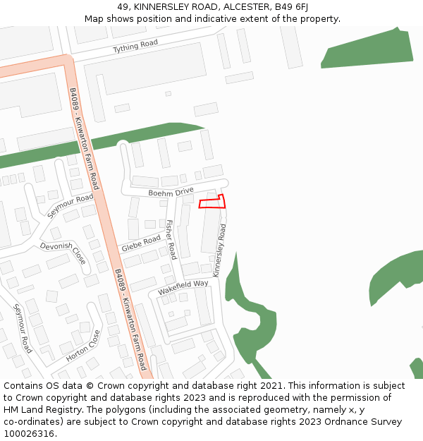 49, KINNERSLEY ROAD, ALCESTER, B49 6FJ: Location map and indicative extent of plot