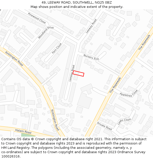 49, LEEWAY ROAD, SOUTHWELL, NG25 0BZ: Location map and indicative extent of plot