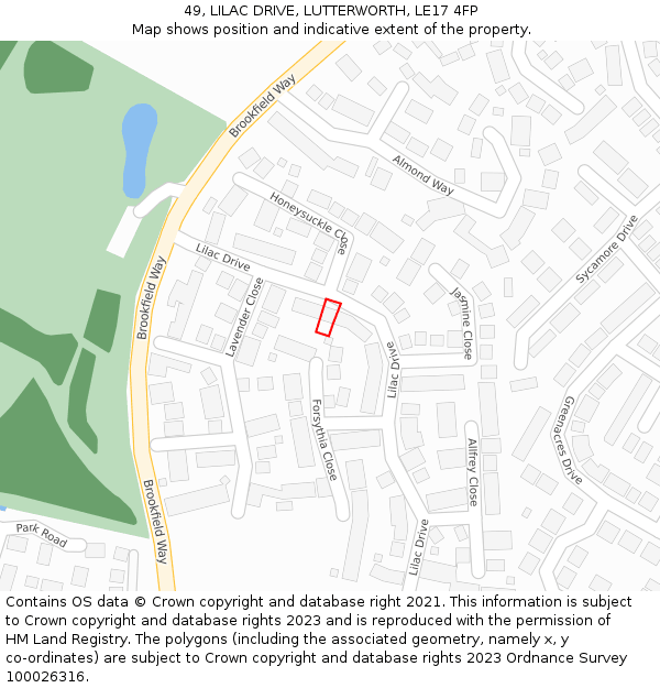 49, LILAC DRIVE, LUTTERWORTH, LE17 4FP: Location map and indicative extent of plot