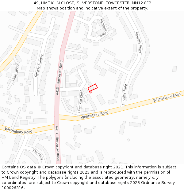 49, LIME KILN CLOSE, SILVERSTONE, TOWCESTER, NN12 8FP: Location map and indicative extent of plot