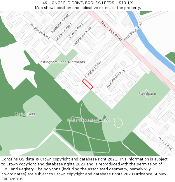 49, LONGFIELD DRIVE, RODLEY, LEEDS, LS13 1JX: Location map and indicative extent of plot
