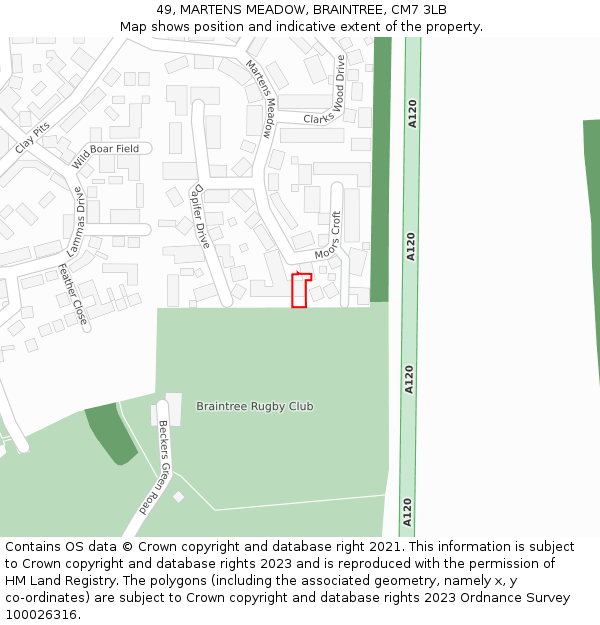 49, MARTENS MEADOW, BRAINTREE, CM7 3LB: Location map and indicative extent of plot