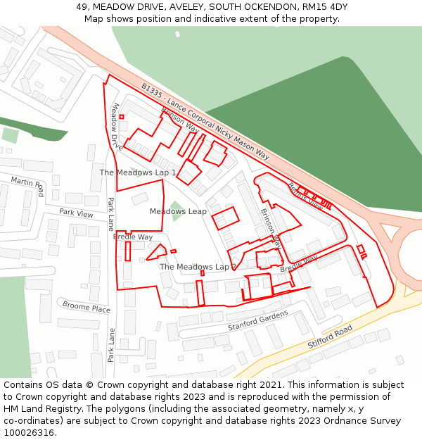 49, MEADOW DRIVE, AVELEY, SOUTH OCKENDON, RM15 4DY: Location map and indicative extent of plot