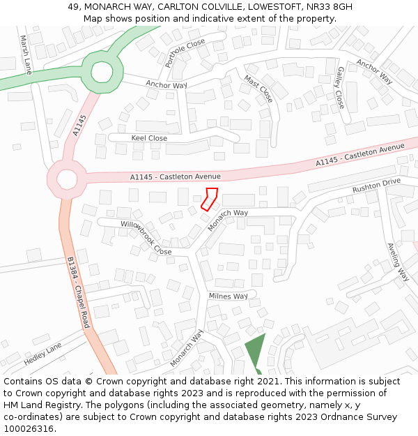 49, MONARCH WAY, CARLTON COLVILLE, LOWESTOFT, NR33 8GH: Location map and indicative extent of plot