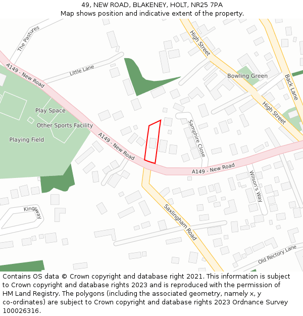 49, NEW ROAD, BLAKENEY, HOLT, NR25 7PA: Location map and indicative extent of plot