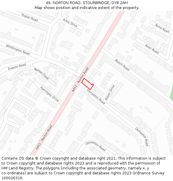 49, NORTON ROAD, STOURBRIDGE, DY8 2AH: Location map and indicative extent of plot