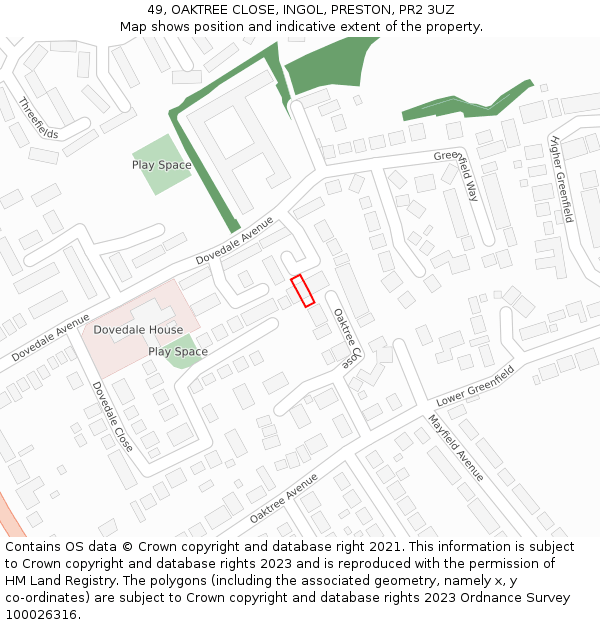 49, OAKTREE CLOSE, INGOL, PRESTON, PR2 3UZ: Location map and indicative extent of plot
