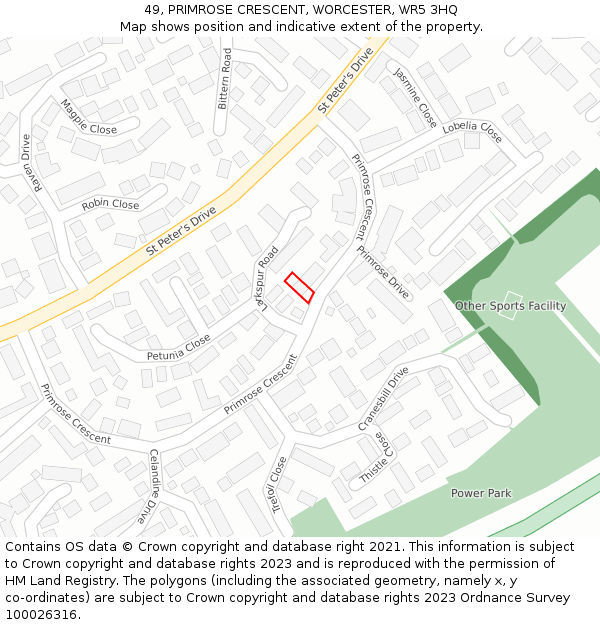 49, PRIMROSE CRESCENT, WORCESTER, WR5 3HQ: Location map and indicative extent of plot