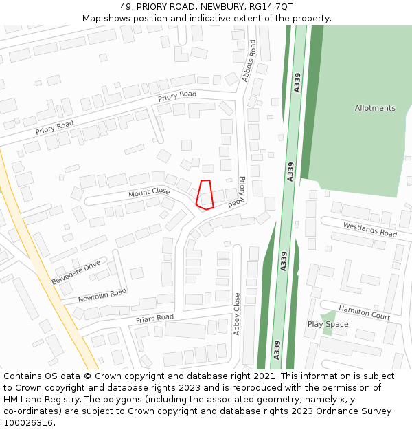 49, PRIORY ROAD, NEWBURY, RG14 7QT: Location map and indicative extent of plot