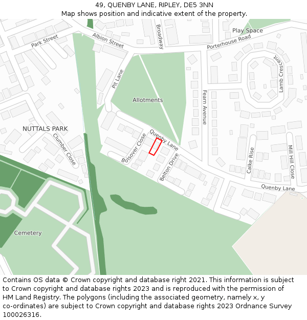 49, QUENBY LANE, RIPLEY, DE5 3NN: Location map and indicative extent of plot