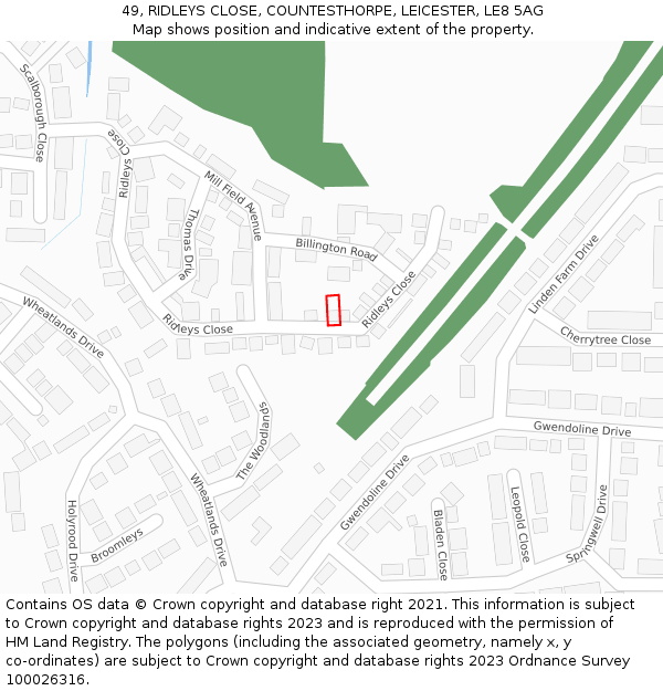 49, RIDLEYS CLOSE, COUNTESTHORPE, LEICESTER, LE8 5AG: Location map and indicative extent of plot