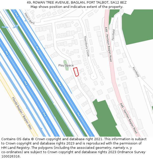 49, ROWAN TREE AVENUE, BAGLAN, PORT TALBOT, SA12 8EZ: Location map and indicative extent of plot