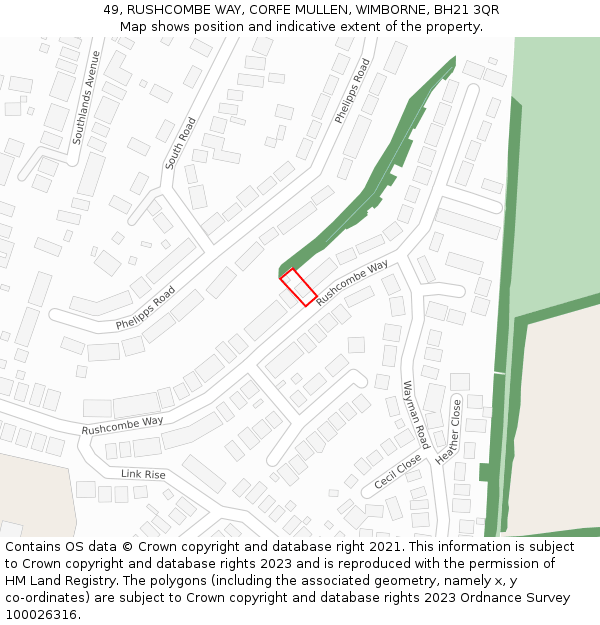 49, RUSHCOMBE WAY, CORFE MULLEN, WIMBORNE, BH21 3QR: Location map and indicative extent of plot