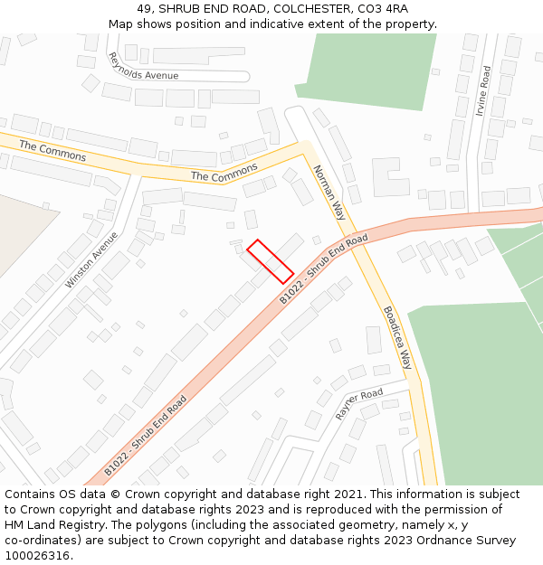 49, SHRUB END ROAD, COLCHESTER, CO3 4RA: Location map and indicative extent of plot