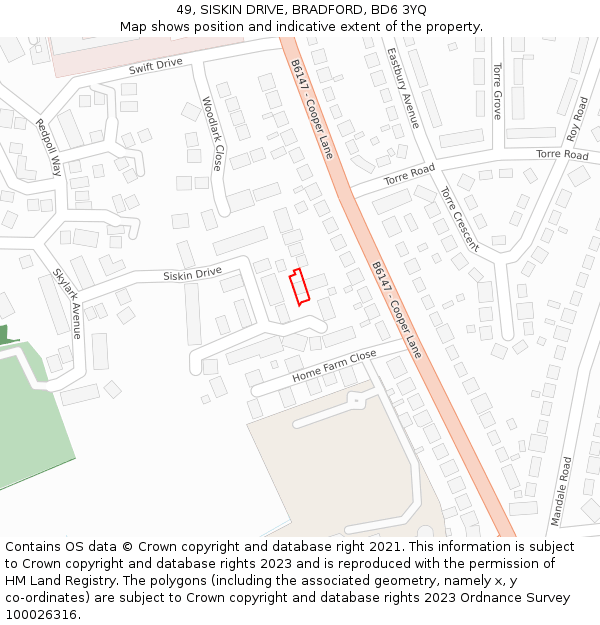 49, SISKIN DRIVE, BRADFORD, BD6 3YQ: Location map and indicative extent of plot