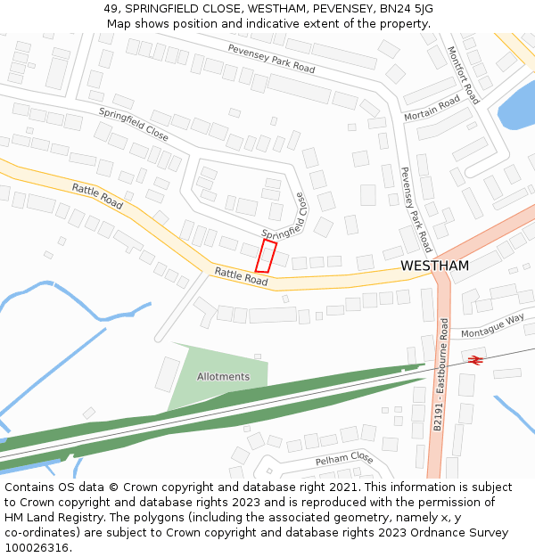 49, SPRINGFIELD CLOSE, WESTHAM, PEVENSEY, BN24 5JG: Location map and indicative extent of plot